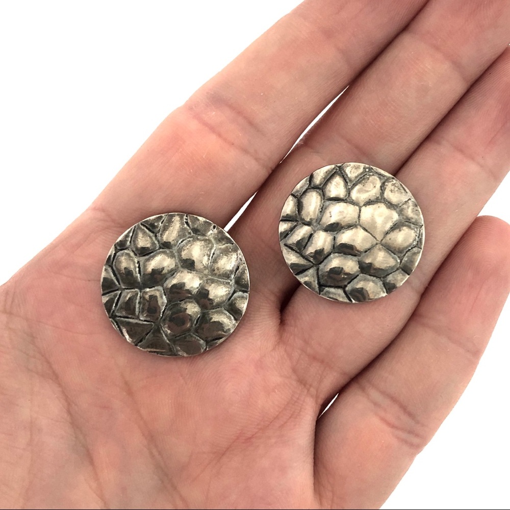 Vintage Textured Silver Statement Studs Earrings - image 3